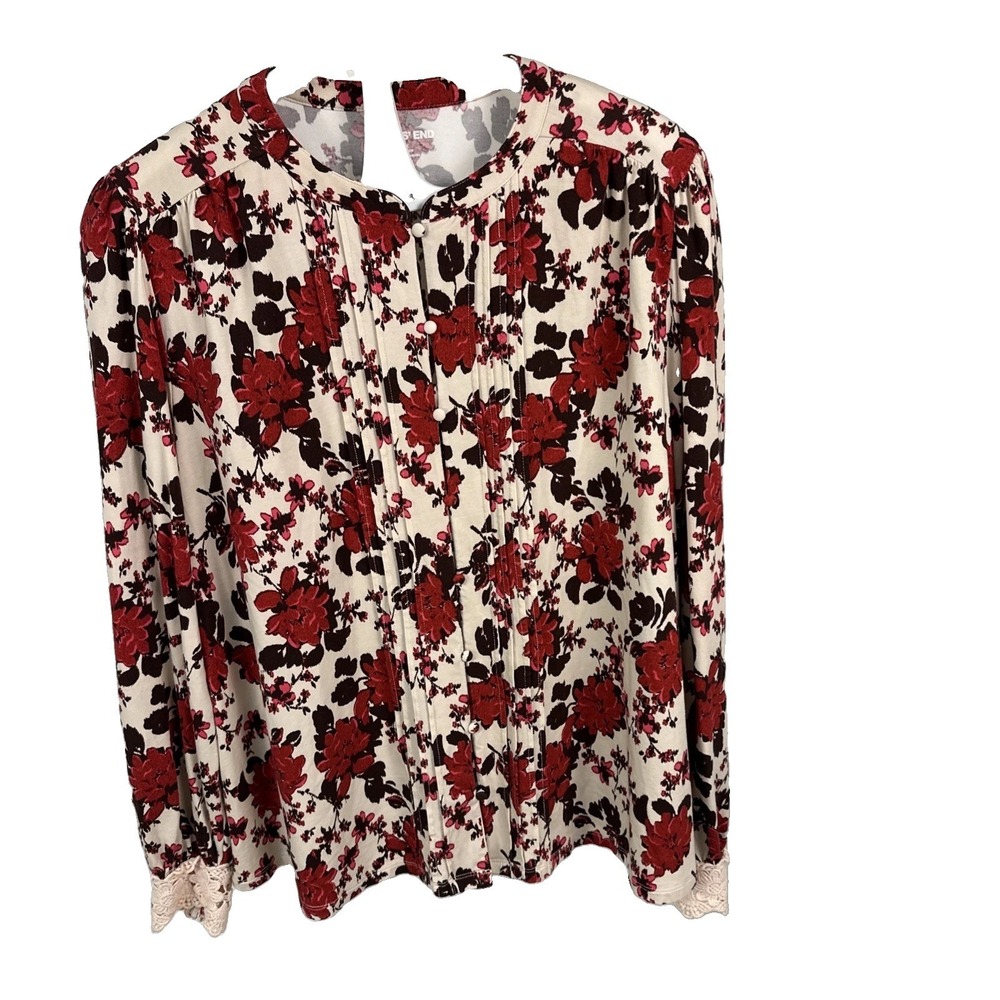 Lands' End Henley Blouse Women's Sz 1X  Cream Base Red & Dark Brown Floral Patte